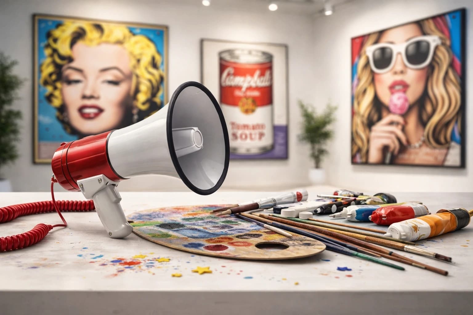Megafon und Malutensilien liegen auf einem Tisch vor Bildern von Marilyn Monroe, Campbell’s Soup und einer Frau.